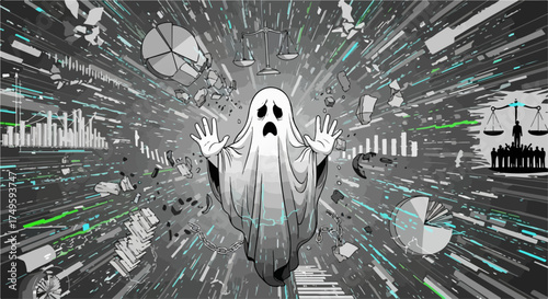 Ghost figure amidst exploding data points illustrates data privacy concerns. Digital information and graphical elements, including charts and abstract structures,