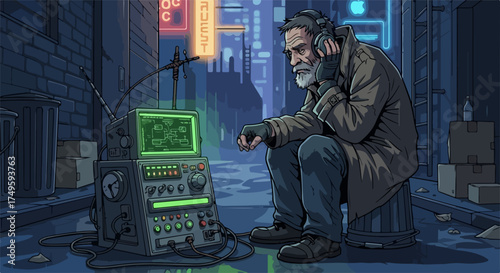 Urban listening scene with older man wearing headphones, on trash can in dark city alley at night. Urban listening activity features retro communication device, green screen, dials.