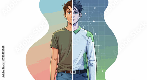 Young man presenting digital identity concept, split image showing casual and tech personas on gradient background. Modern digital identity represents personal evolution and online presence.