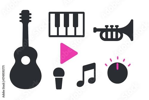 Set of musical instrument and audio control icons in dark silhouette style