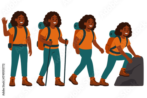 Female hiker poses with backpack and hiking pole in various outdoor activities