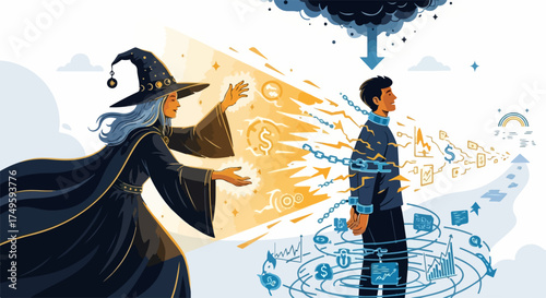 Wizard casting magic solution, transforming dark clouds into bright golden light and positive symbols. Enchantress provides magic solution, breaking chains and dispelling negativity for success.