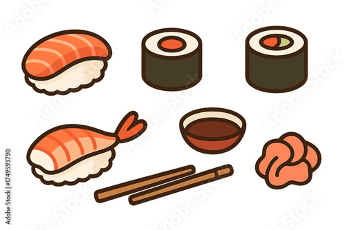 Assortment of sushi rolls nigiri soy sauce and chopsticks icons