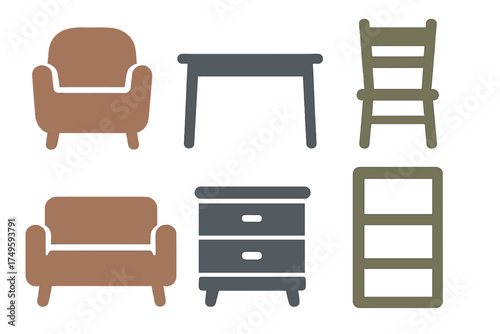 Set of simple furniture icons including armchair, sofa, table, chair, cabinet, and shelving unit