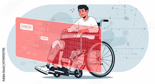 Man in wheelchair facing red error message, illustrating an access issue for web users. Person looks confused by system malfunction, highlighting critical access issue.