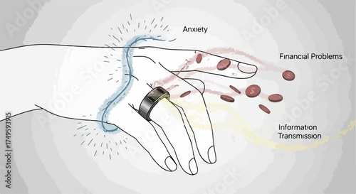 Vector illustration of hand wearing smart ring, symbolizing anxiety, financial problems, and information transmission, representing modern life challenges.