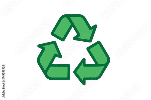 Green recycling symbol with three chasing arrows on white background