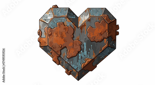 Rusty metal heart vector illustration with industrial texture and weathered surface, symbolizing resilience and enduring love.