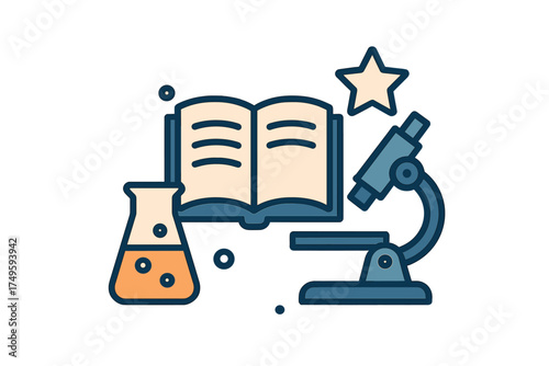 Set of stylized icons representing science education and laboratory equipment