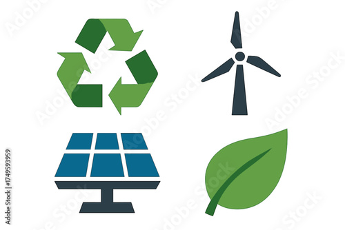 Renewable energy and sustainability icons: recycling, wind turbine, solar panel, and leaf