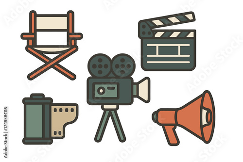 Set of retro film production and cinema equipment symbols