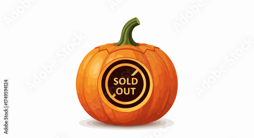 Bright orange Sold Out Pumpkin illustration featuring prominent badge on round gourd for festive Halloween event. This seasonal Sold Out Pumpkin indicates unavailability of items,