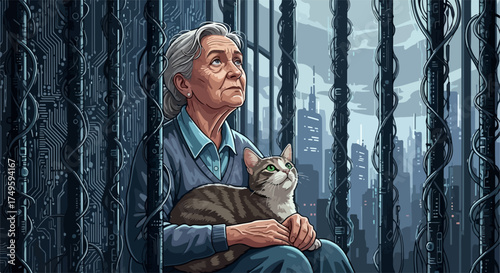 Illustration of old woman cat sitting behind dark bars, looking upwards with a tabby cat on lap. Old woman cat shows a thoughtful expression, surrounded by a gloomy city silhouette,