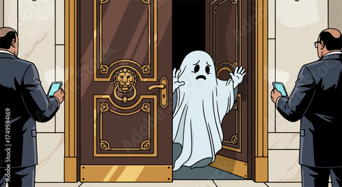 Surprised cartoon ghost peeks from grand ornate double doors. Two security guards stand absorbed by smartphones, oblivious to cartoon ghost emergence.