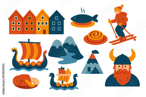 Stylized cultural icons representing Scandinavian heritage and activities