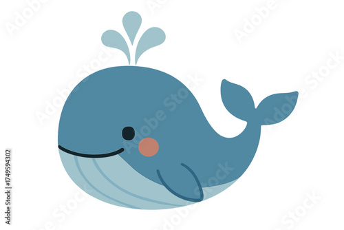 Cute cartoon blue whale spouting water isolated on white background