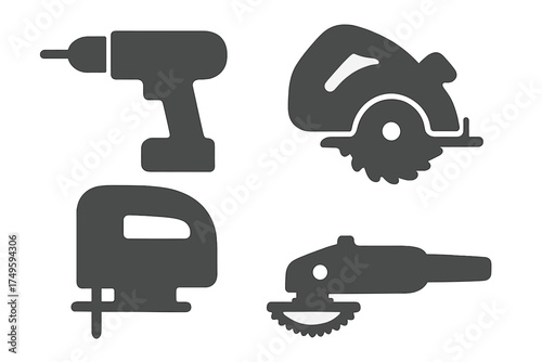 Four common handheld power tools silhouettes: drill, saw, jigsaw, and grinder