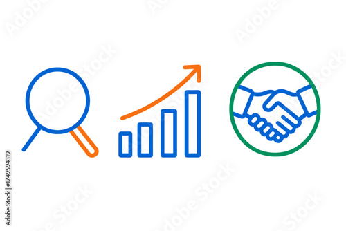Business analysis growth partnership concept icons set for strategy