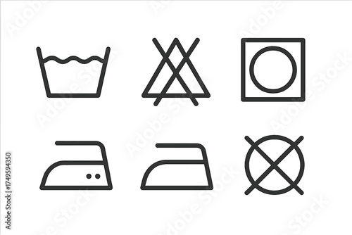 Six black line icons for textile care and laundry instructions