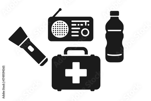Essential emergency preparedness kit supplies icons collection