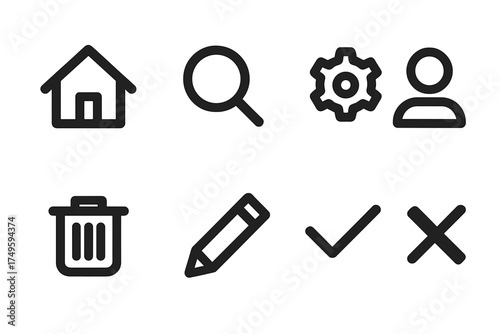 Basic outline icons for user interface navigation and essential actions