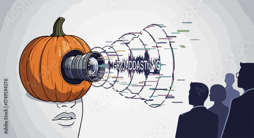 Person with pumpkin eye and camera lens projects misinformation spread onto audience. Optical device emits stylized waves featuring "MISINFORMATION" text, observed by silhouetted figures,