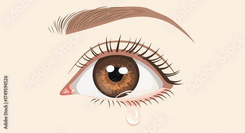Illustrated crying eye with brown iris and long lashes. Human crying eye features a single tear drop rolling down, showing emotion and sensitivity.