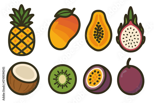 Collection of stylized tropical fruit icons featuring pineapple, mango, and papaya