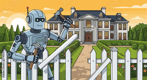 Robot home repair, android mends picket fence with hammer, grand house scene. Mechanical worker fixes property, efficient robot home repair solutions. Future automation, property management,