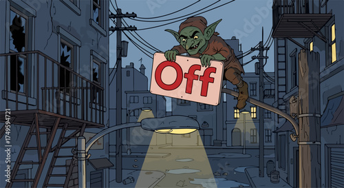 Mischievous character holds Off sign on street lamp in dark city alley. Mischievous character overlooks broken windows, fire escapes, adding eerie mood. Concept mischievous character for fantasy,