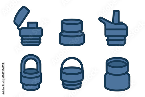 Six blue water bottle cap icons featuring various closure designs