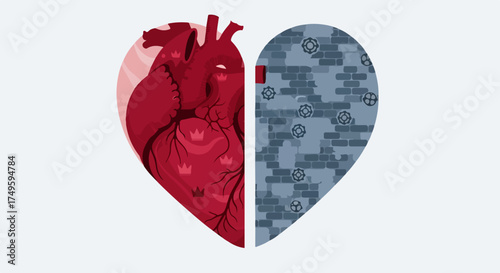 Biological mechanical heart illustration depicting anatomical red organ on left, juxtaposed with grey cybernetic gears on right.