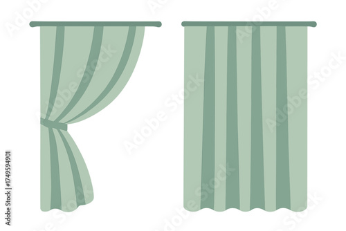 Green striped window curtains shown in tied back and closed styles