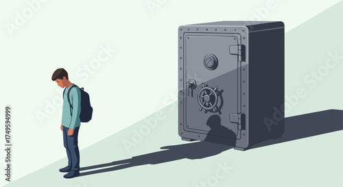 Depression concept showing person with money problems, standing near safe with sad posture. Depression illustration reveals financial troubles,