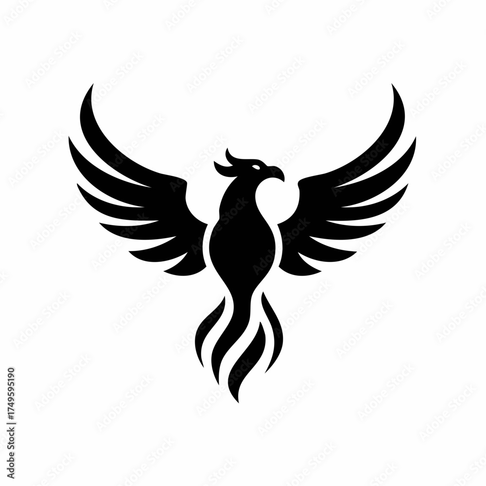 Obraz premium Black phoenix silhouette with outstretched wings logo design on white background