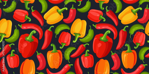 Bright vector seamless pattern with paprika and pepper on dark background