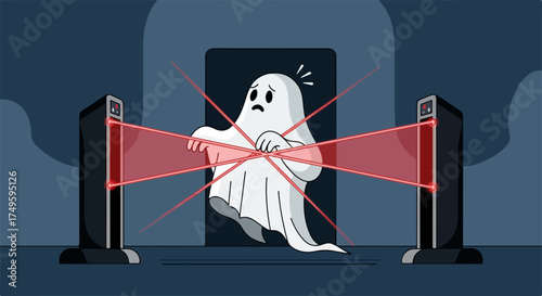 Ghost security system with crossing laser beams, ghost security system used to protect the house from trespassers. This ghost security system works with red lasers and a sheet-draped ghost,