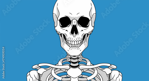 Isolated skeleton illustration on blue background, featuring skull and bone structure. Skeleton drawing is perfect for educational materials, medical illustrations, and biology lessons.