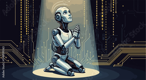 Praying robot against circuit board background with digital connection, kneeling and illuminated by spotlight. Praying robot demonstrates technology and faith with AI looking to heaven.
