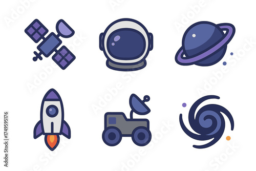 Stylized icons depicting space exploration and astronomy objects