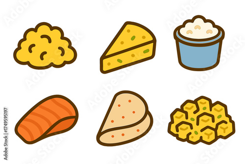Six colorful icons depicting Mexican food ingredients and prepared dishes