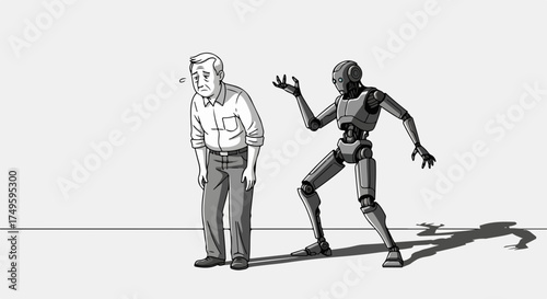 Human and robot illustration, human and robot illustration depicting anxiety and stress. Robot, in contrast, appears assertive, emphasizing human and robot illustration as symbolic.