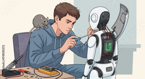 Humanoid robot repair shows technician working on futuristic assistance machine with screwdriver. Humanoid robot repair involves careful work, skill, and precision with tools,