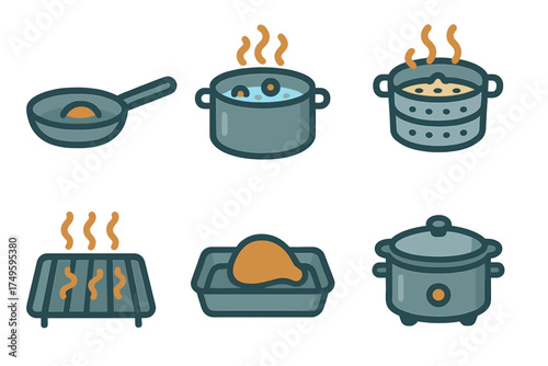Collection of cooking utensils and food preparation symbols for kitchen use