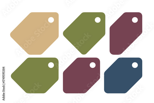 Set of six geometric color swatch tags with rounded corners and hole detail