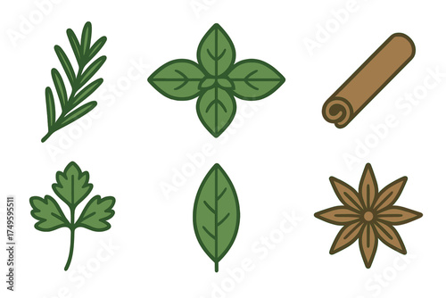 Culinary herbs and spices icons set with rosemary, basil, cinnamon, parsley, and bay leaf