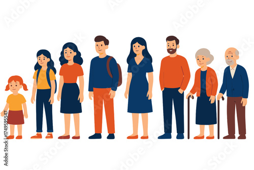 Progression of human life stages shown by diverse people standing in a line