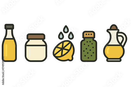 Condiment and dressing ingredients icons set featuring oil and lemon
