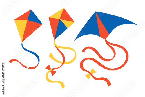 Colorful assortment of flying kites with flowing ribbons on white background