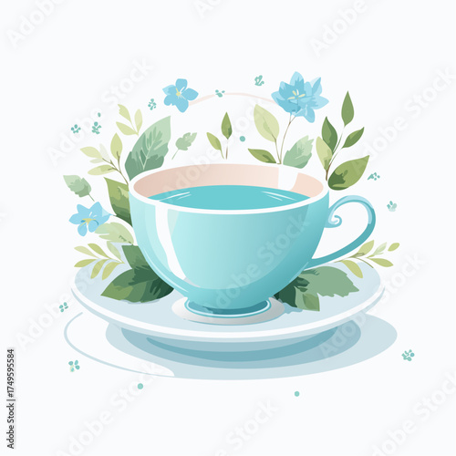 Blue teacup illustration with floral arrangement on white background